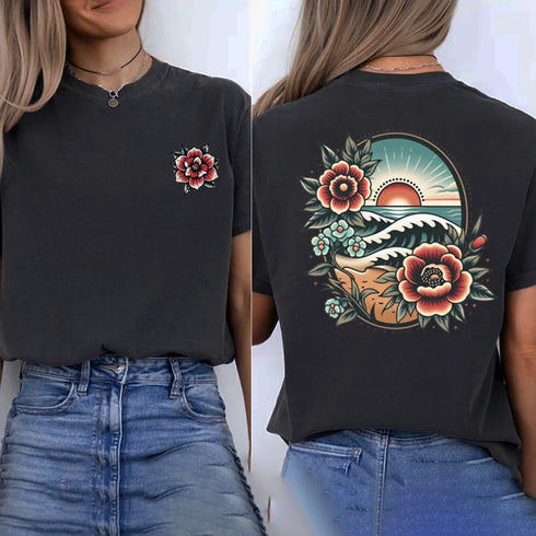 Women's Floral Beach Sunset T Shirt Short Sleeve Vacation Top for Summer Beach Lover Casual Wear